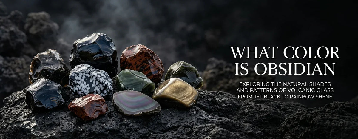 A collection of natural obsidian stones in black, mahogany, green, snowflake, gold sheen, and rainbow varieties arranged on dark volcanic rock.