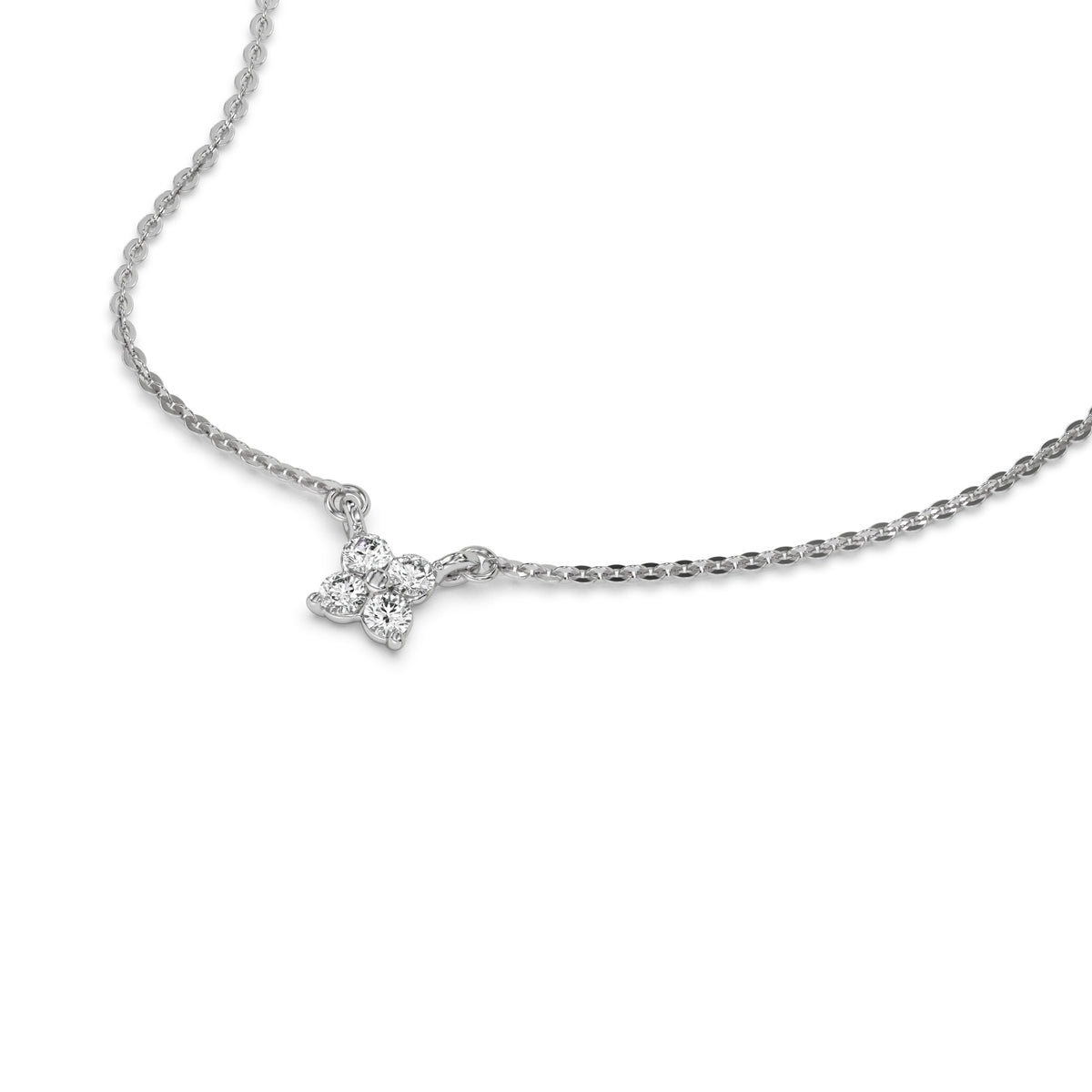 This white gold Round Diamond Necklace made with four round brilliant-cut diamonds, securely set in shared prong setting in 3d view