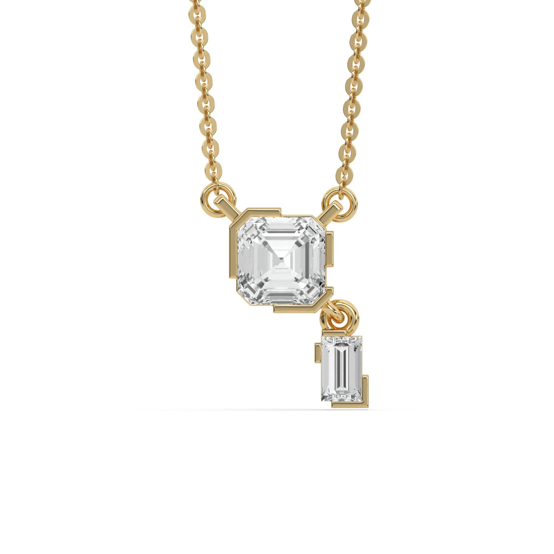 18K Yellow Gold Asscher and Baguette Diamond Drop Necklace
