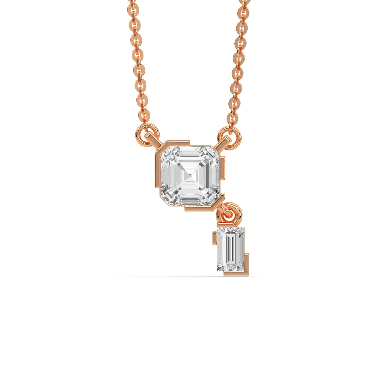 14K Rose Gold Asscher and Baguette Diamond Drop Necklace