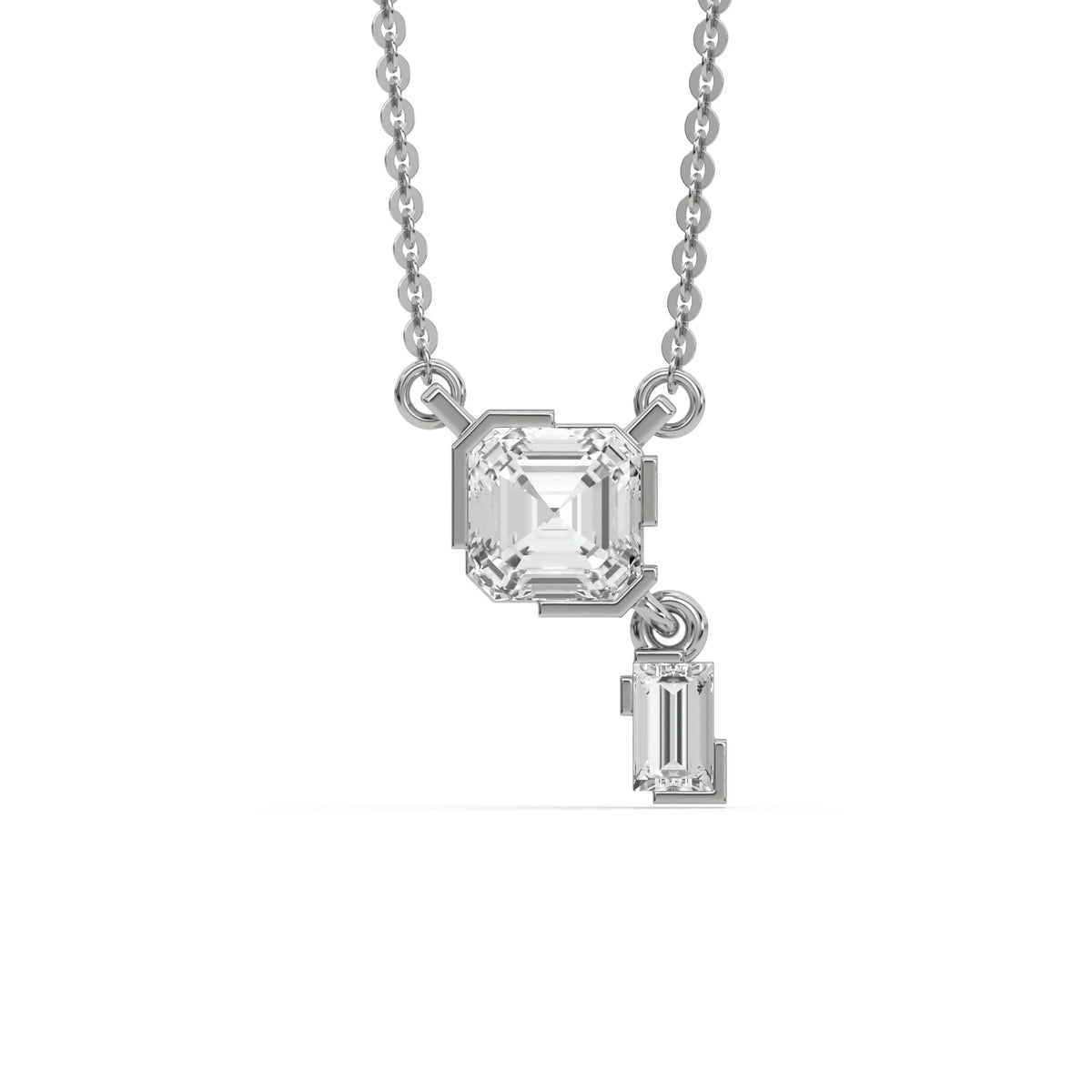 18K White Gold Asscher and Baguette Diamond Drop Necklace