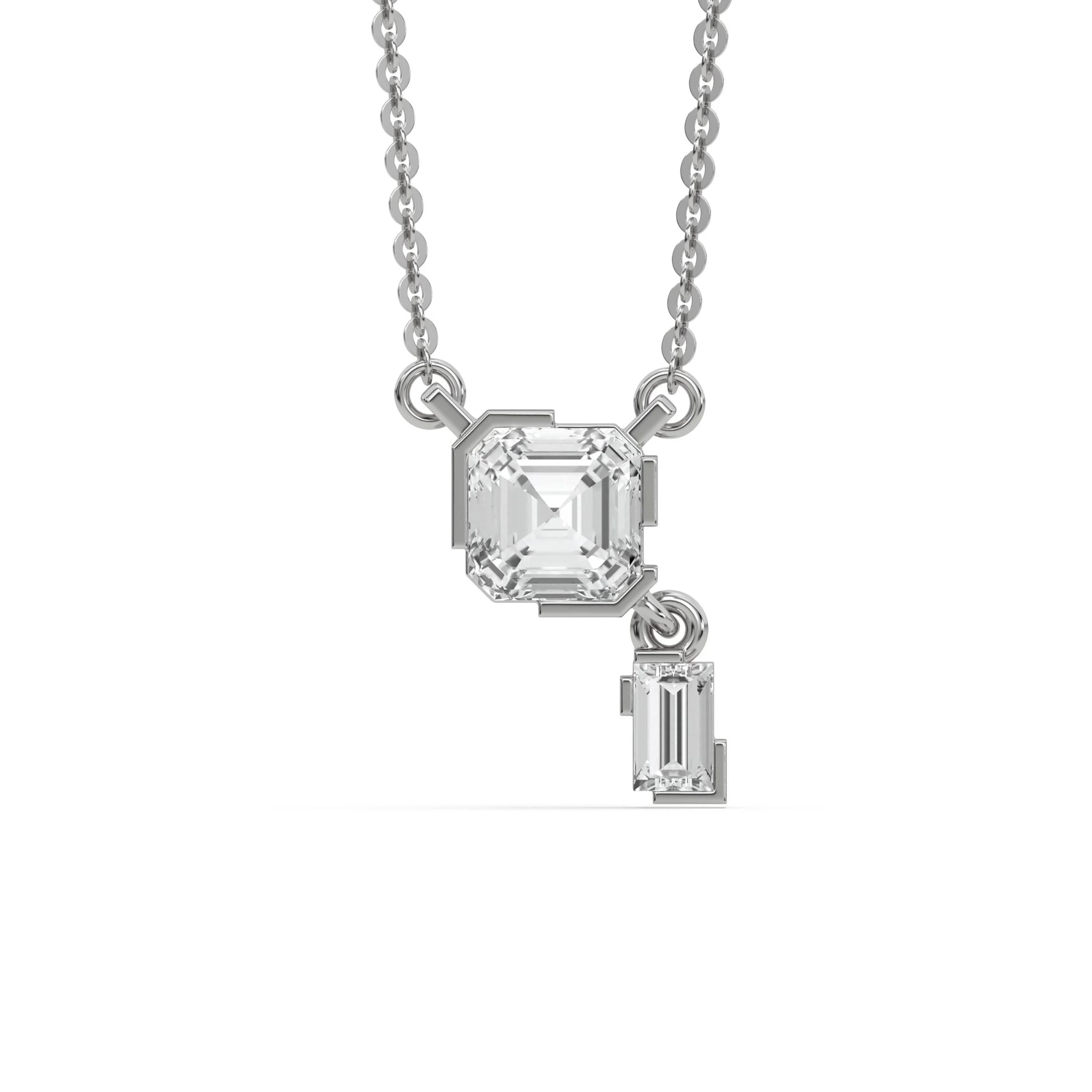18K White Gold Asscher and Baguette Diamond Drop Necklace