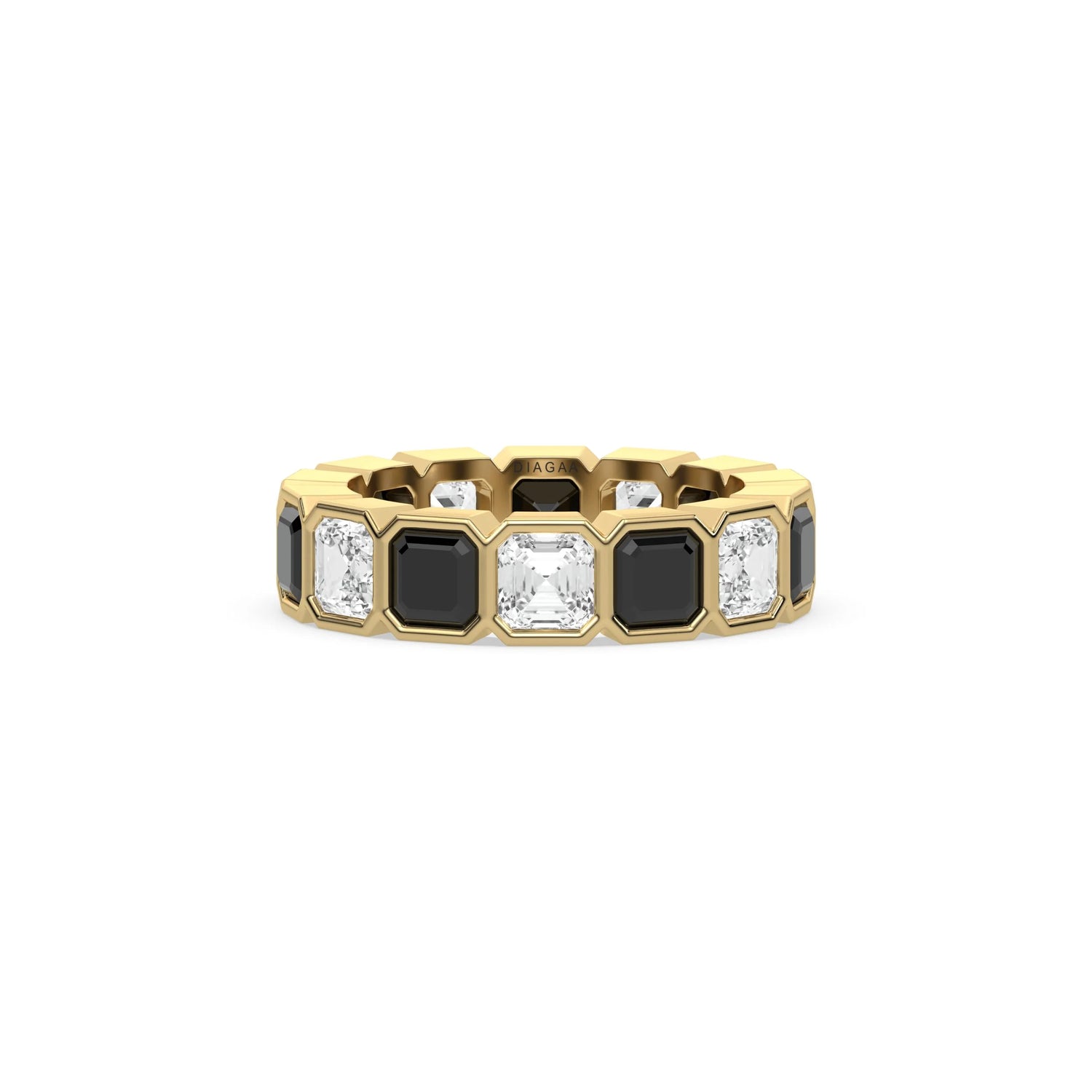 18K Yellow Gold Asscher Black And White Diamond Eternity Ring