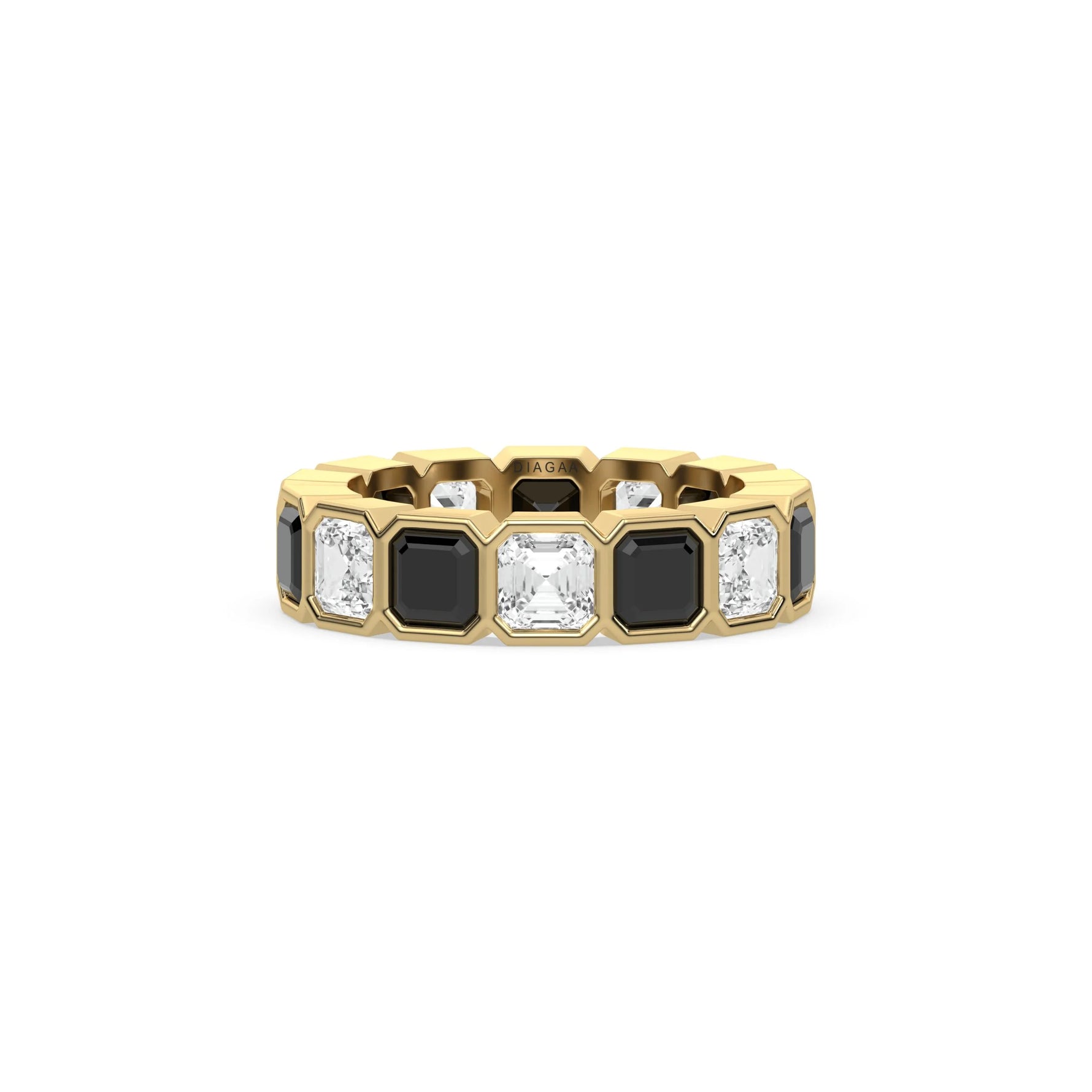 18K Yellow Gold Asscher Black And White Diamond Eternity Ring