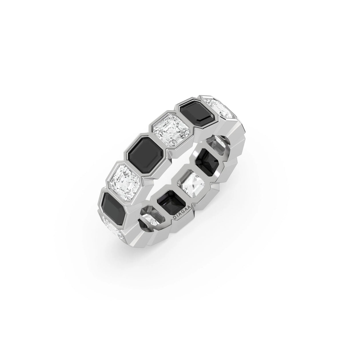 14K White Gold Asscher Black And White Diamond Eternity Ring