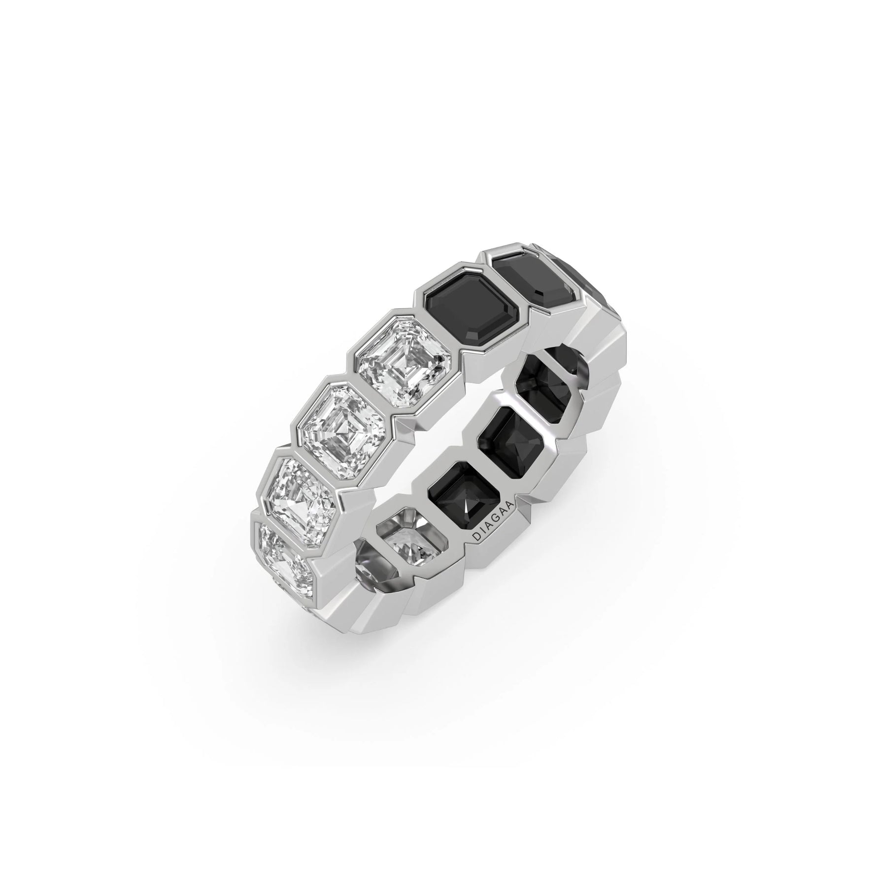 14K White Gold Asscher Black And White Diamond Eternity Ring
