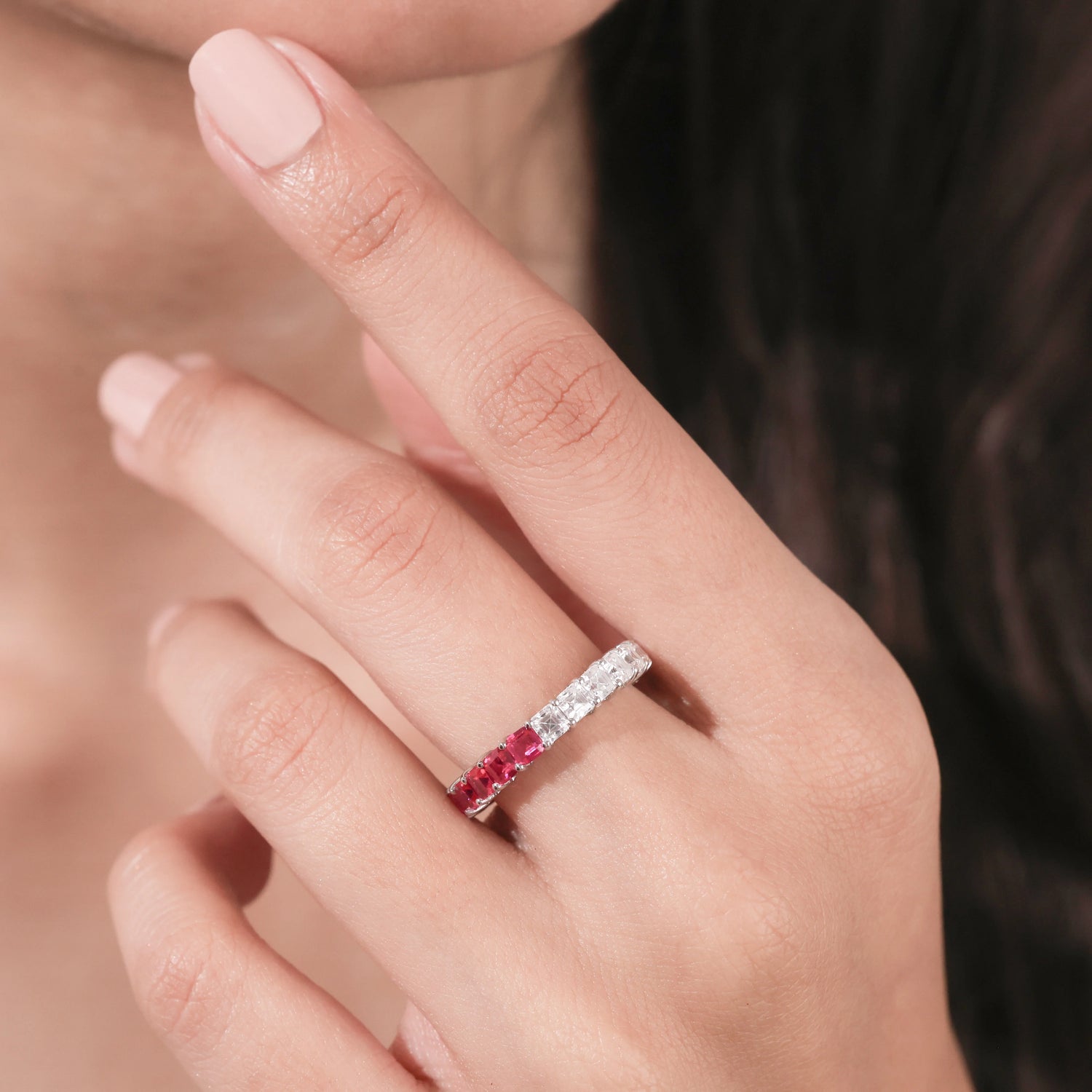 Asscher Lab Diamond and Lab Ruby Eternity Ring