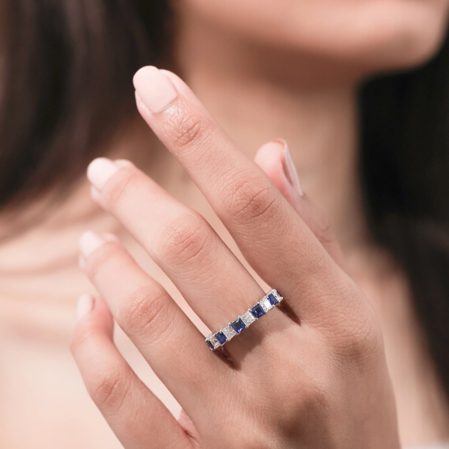 Asscher Cut Lab created Blue Sapphire and Diamond Eternity Ring