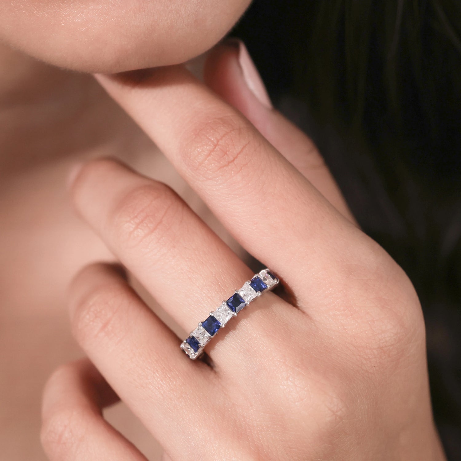 Asscher Lab Blue Sapphire and Lab Diamond Eternity Ring