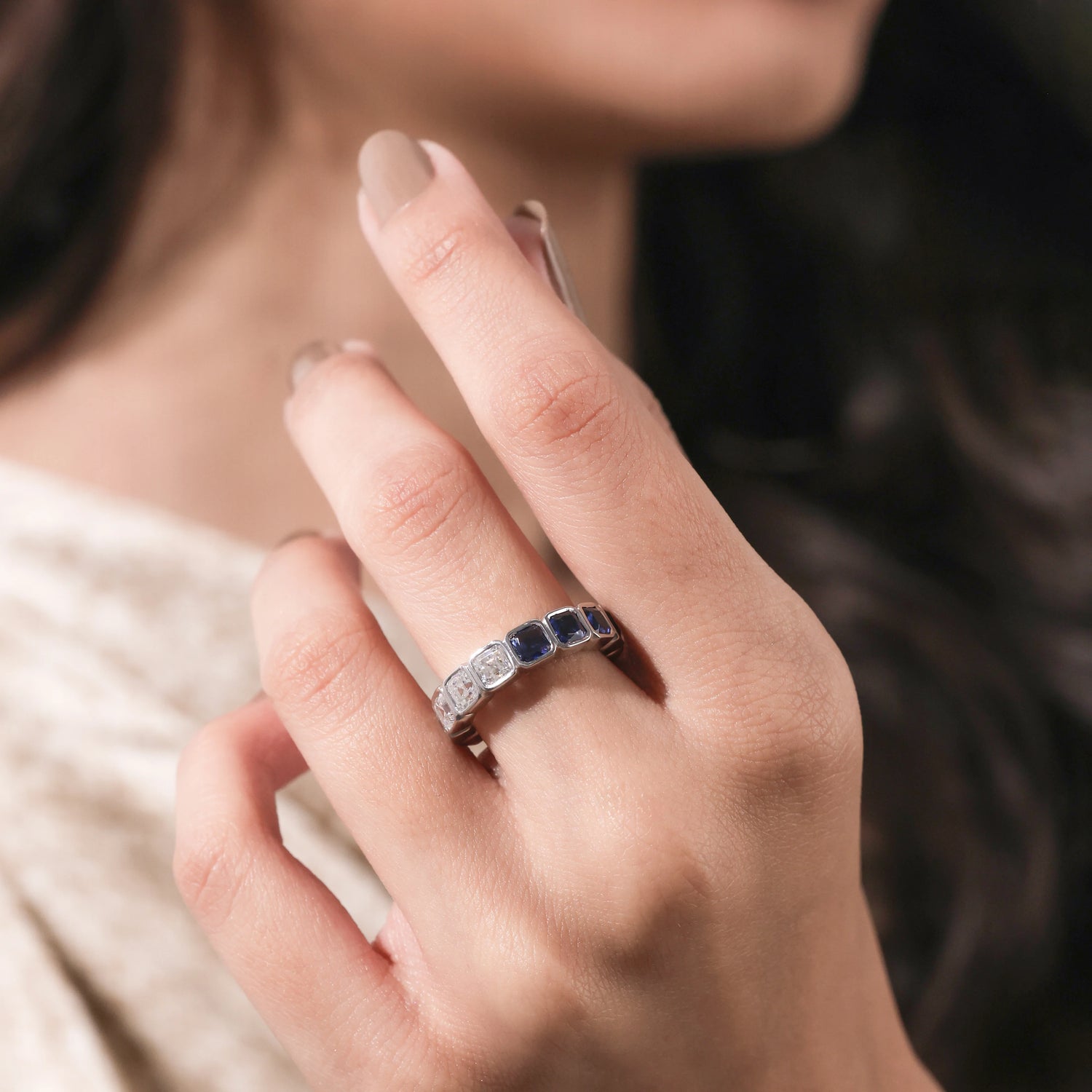 2.90 CT Asscher Lab Diamond and Blue Sapphire Eternity Ring