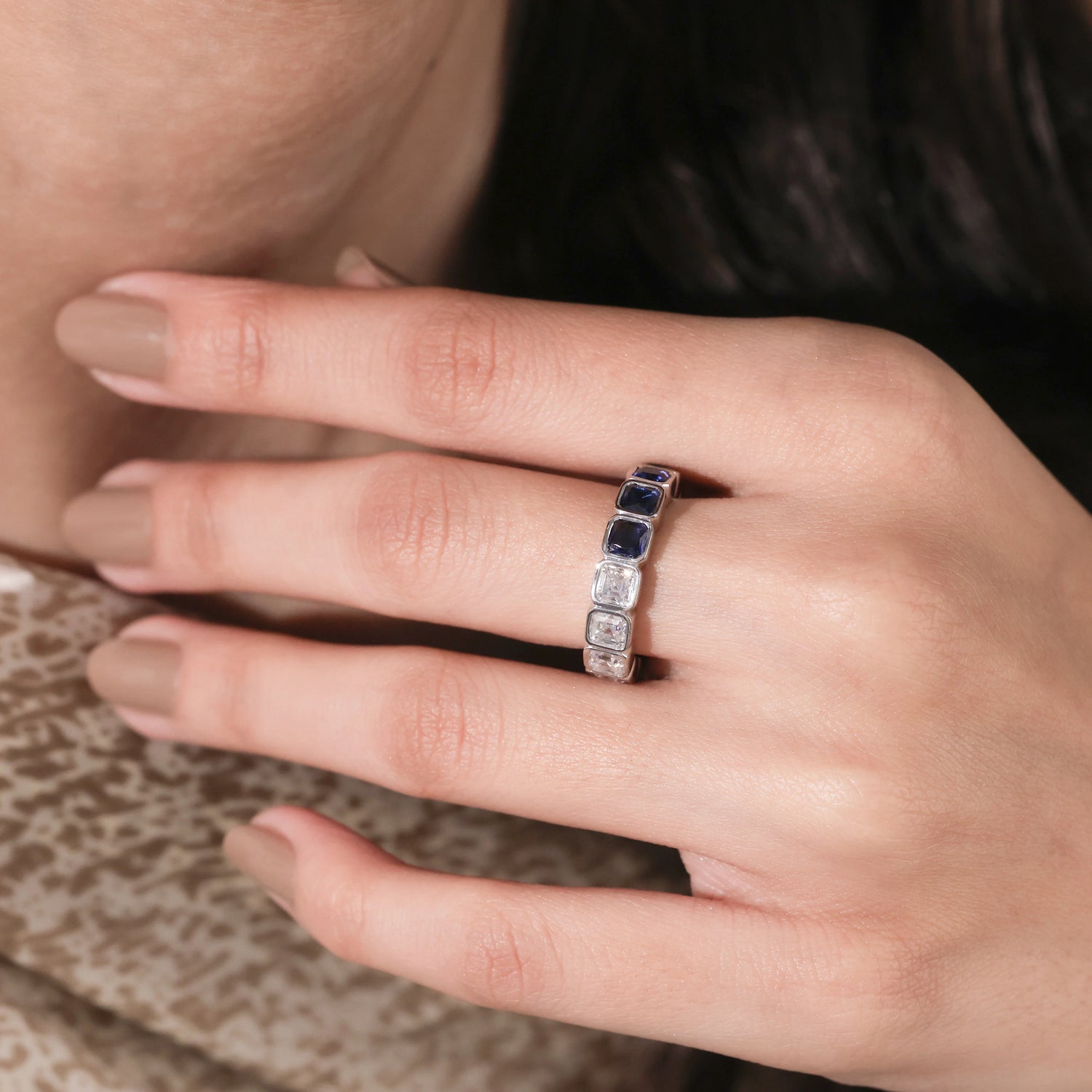 3.65 CT Asscher Lab Blue Sapphire and Diamond Eternity Ring