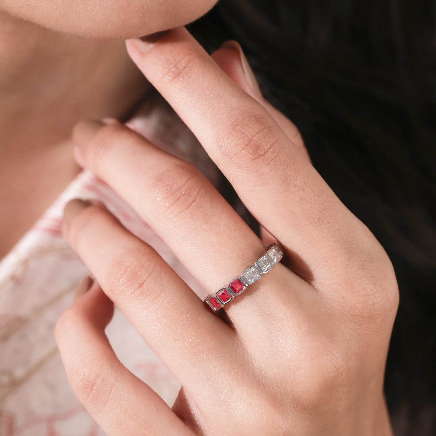 3.65 CT Asscher Lab Ruby and Diamond Eternity Ring