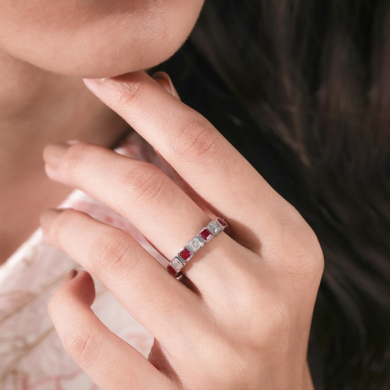 3.65 CT Asscher Lab Diamond and Ruby Eternity Ring