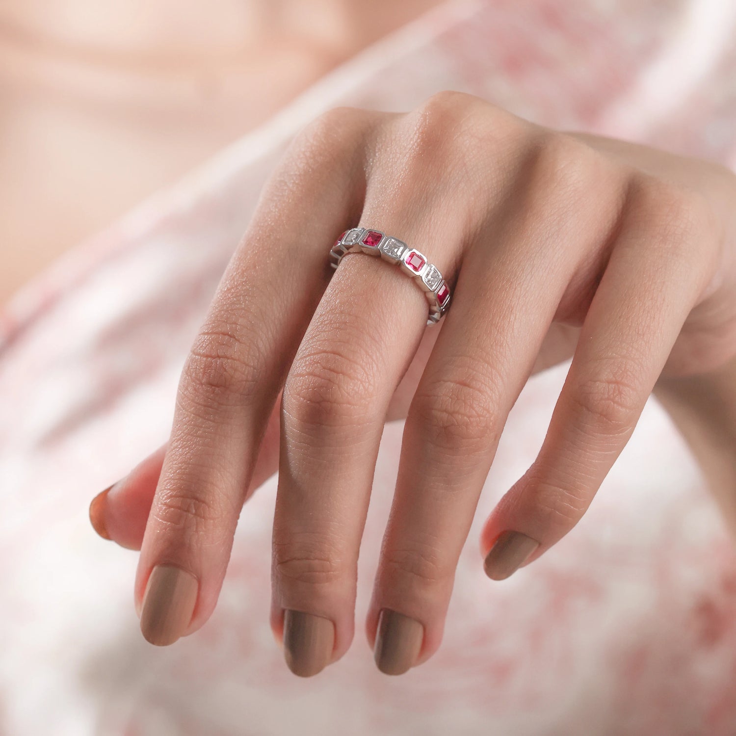 2.90 CT Asscher Lab Ruby and Diamond Eternity Ring