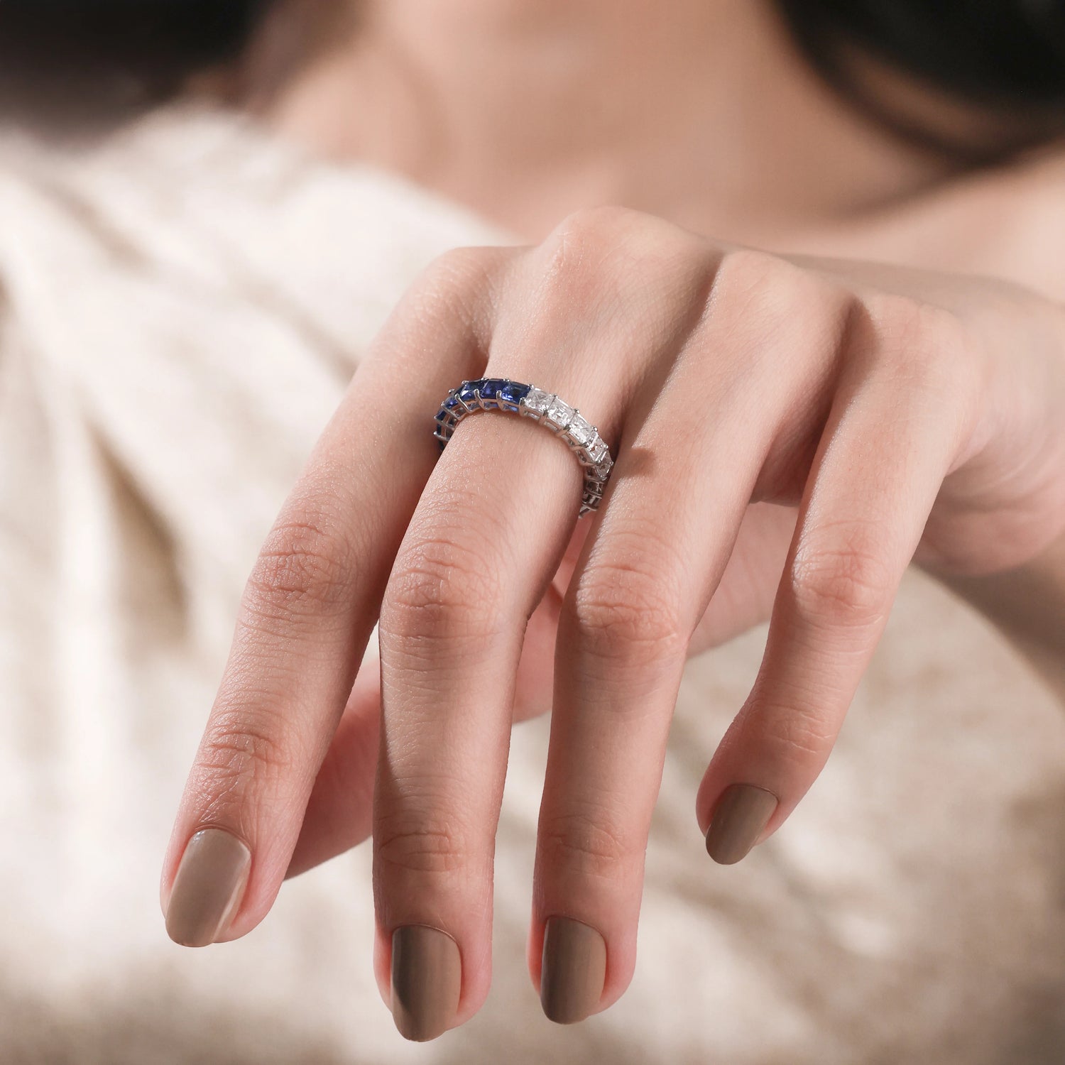 4.00 CT Asscher Lab Diamond and Lab Blue Sapphire Eternity Ring