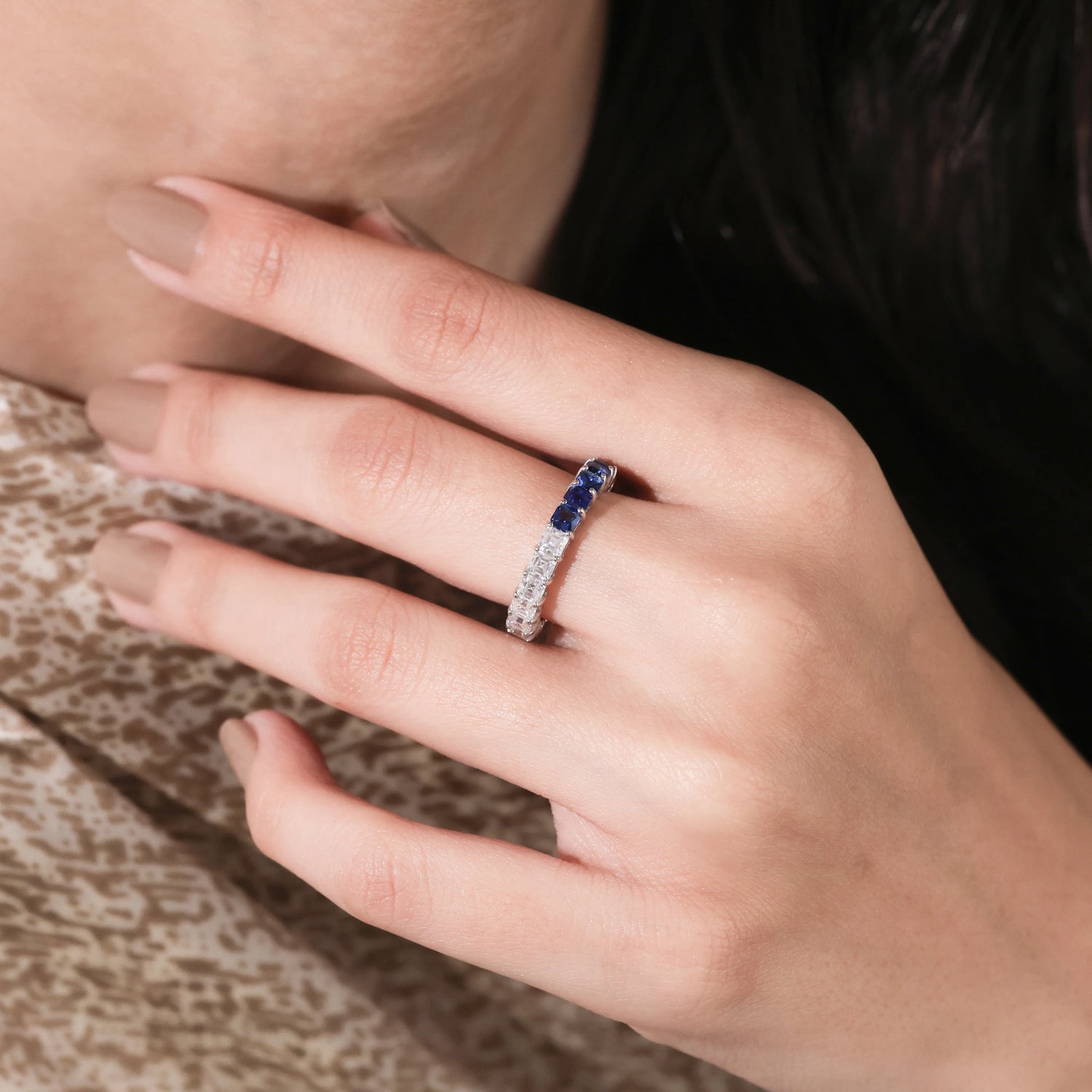 4.20 CT Asscher Cut Lab Diamond and Blue Sapphire Eternity Ring