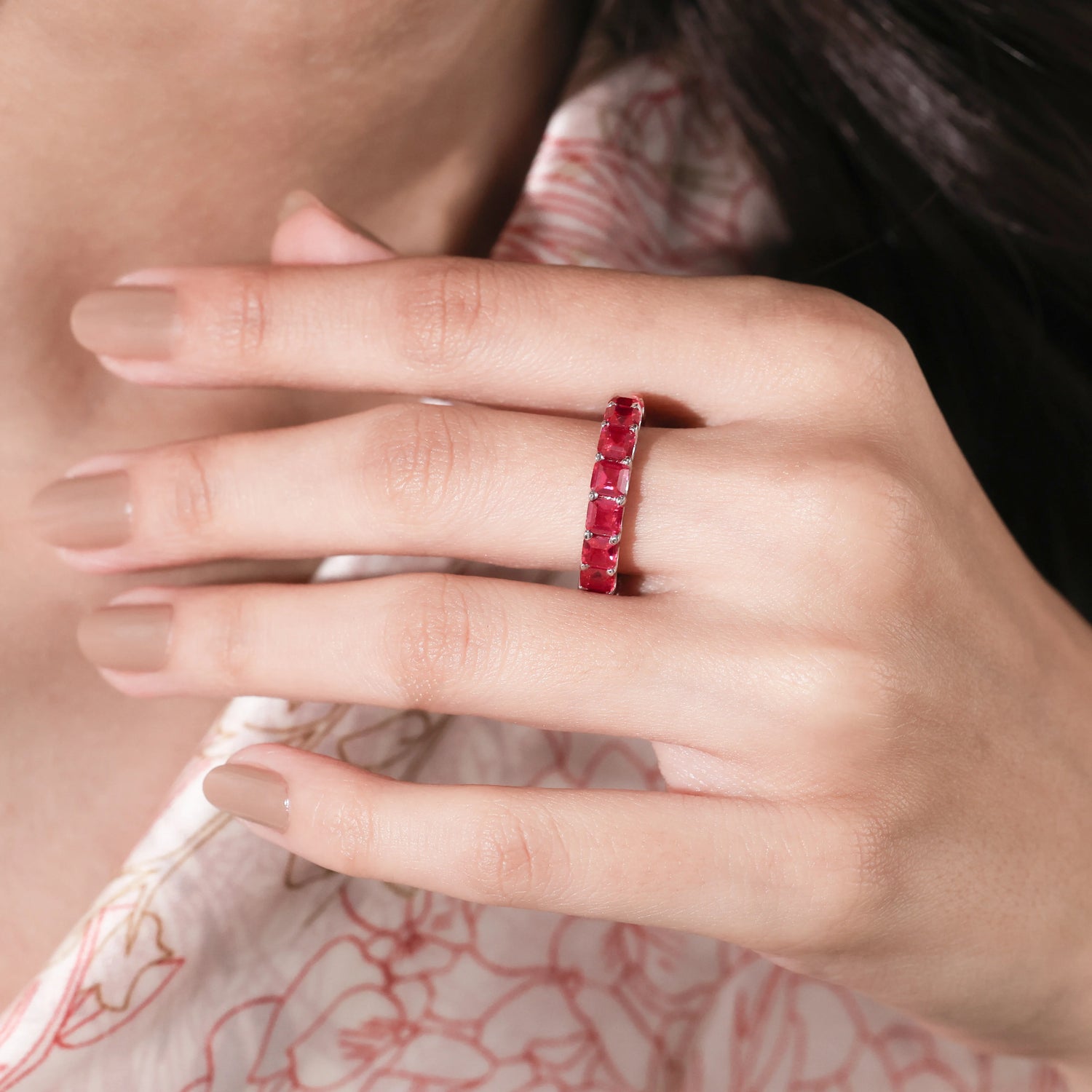 4.20 CT Asscher Cut Lab Ruby Eternity Ring