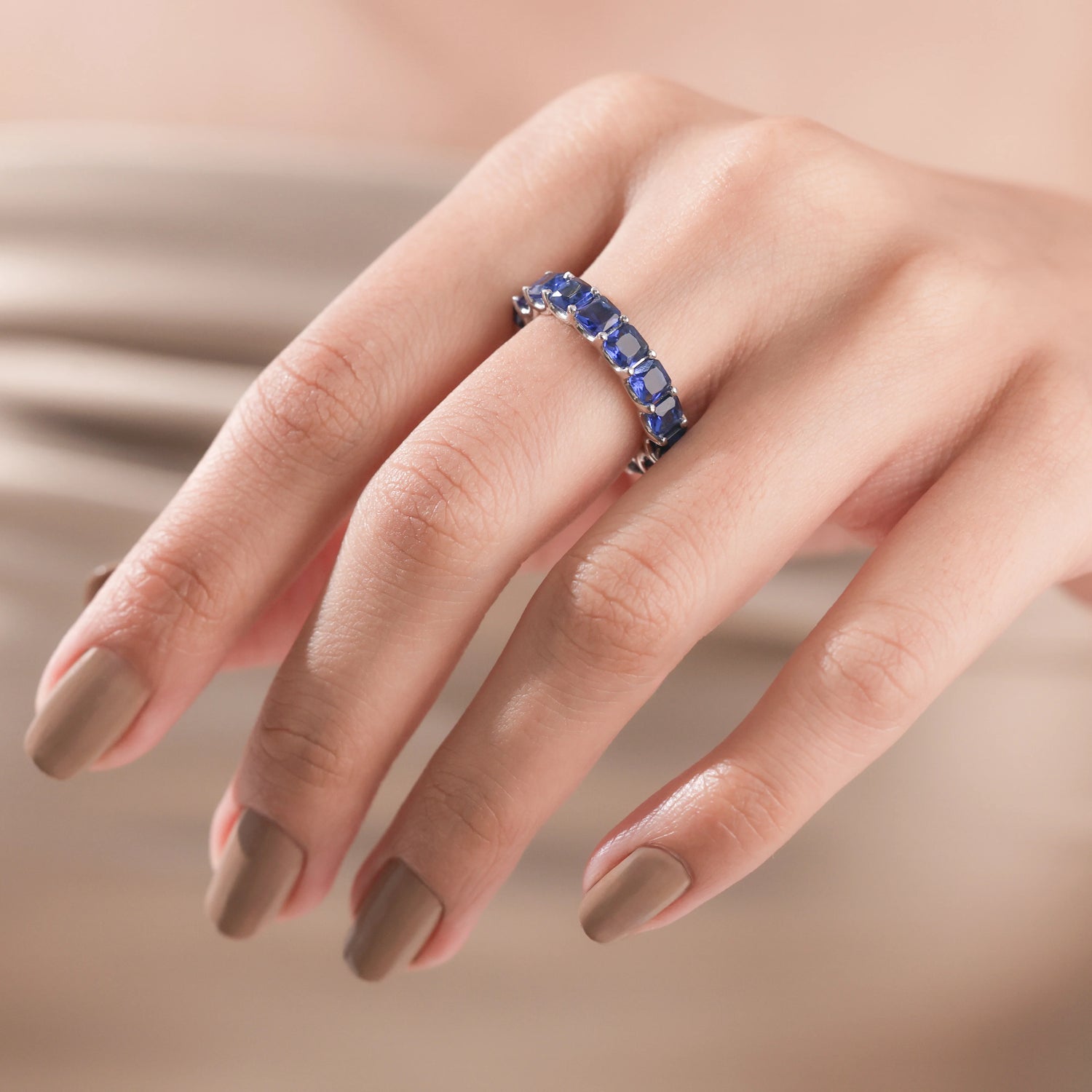 Asscher Cut Lab Blue Sapphire Eternity Ring