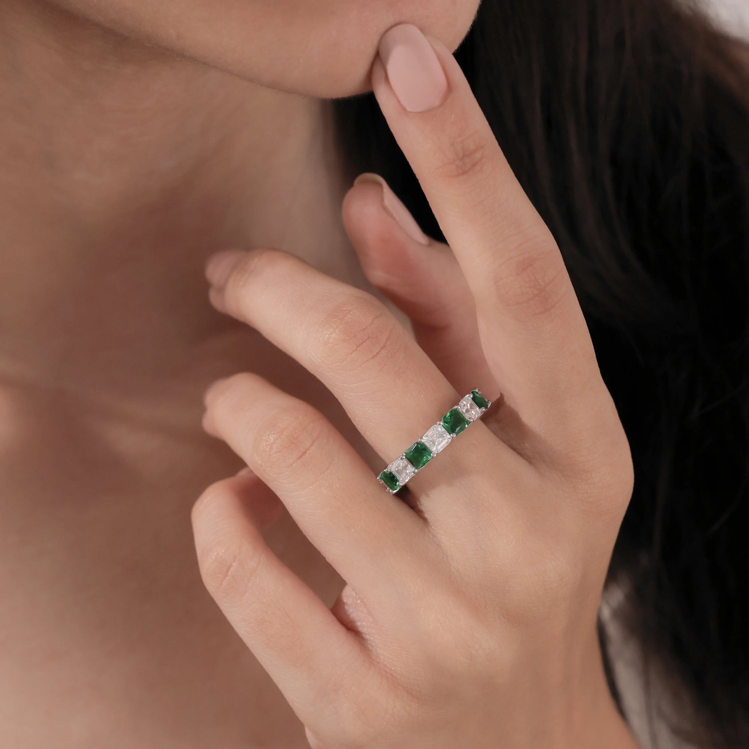 4.00 CT Asscher Cut Lab created Emerald and Diamond Eternity Ring