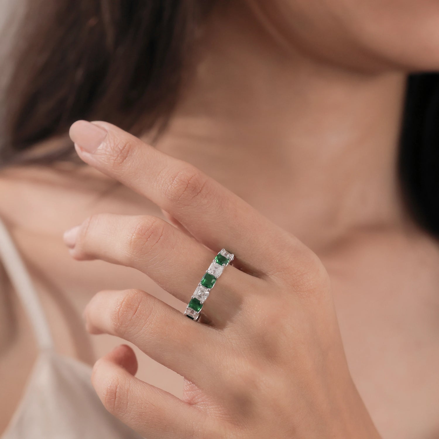 Asscher Lab Emerald and Lab Diamond Eternity Ring