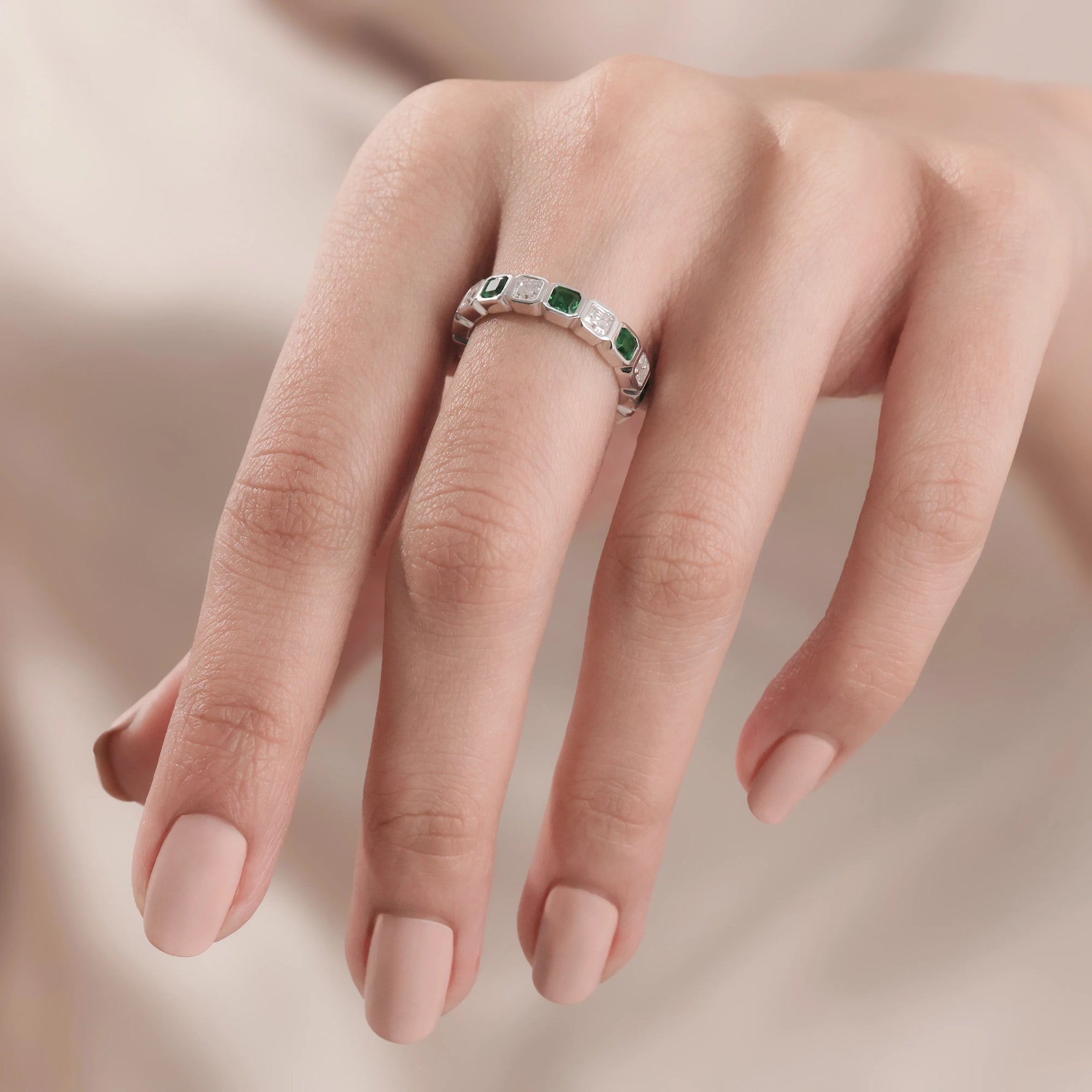  Asscher  Diamond Emerald Gemstone Eternity Ring