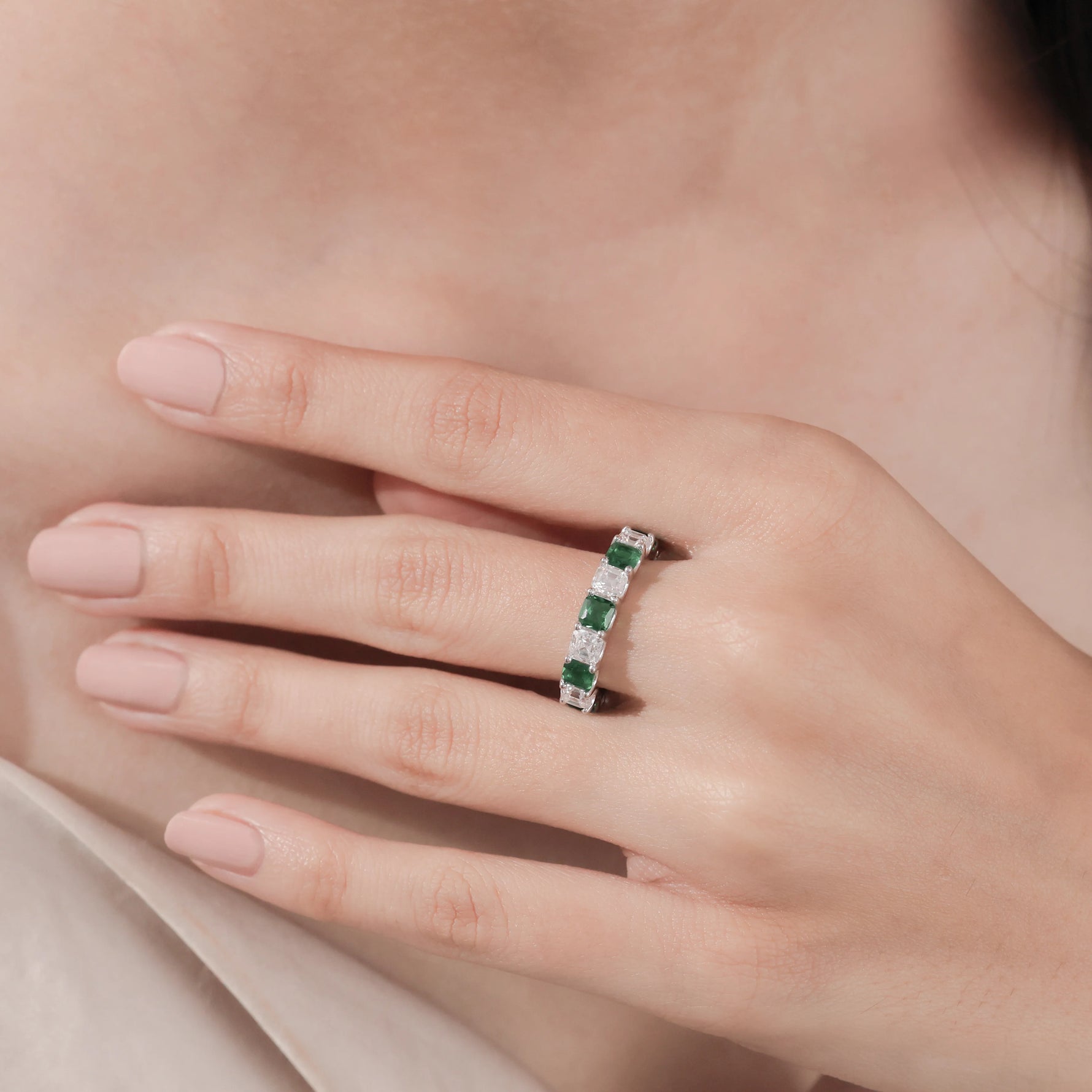 10K White Gold Asscher Half Emerald and Half Diamond Eternity Ring