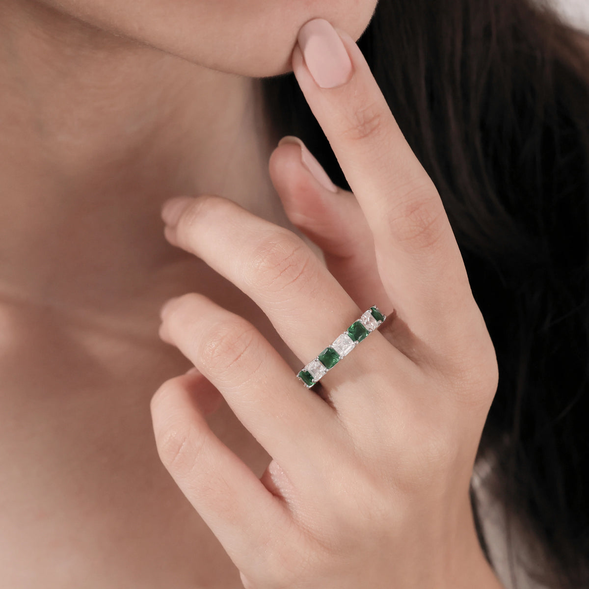 14K White Gold Asscher Half Emerald and Half Diamond Eternity Ring