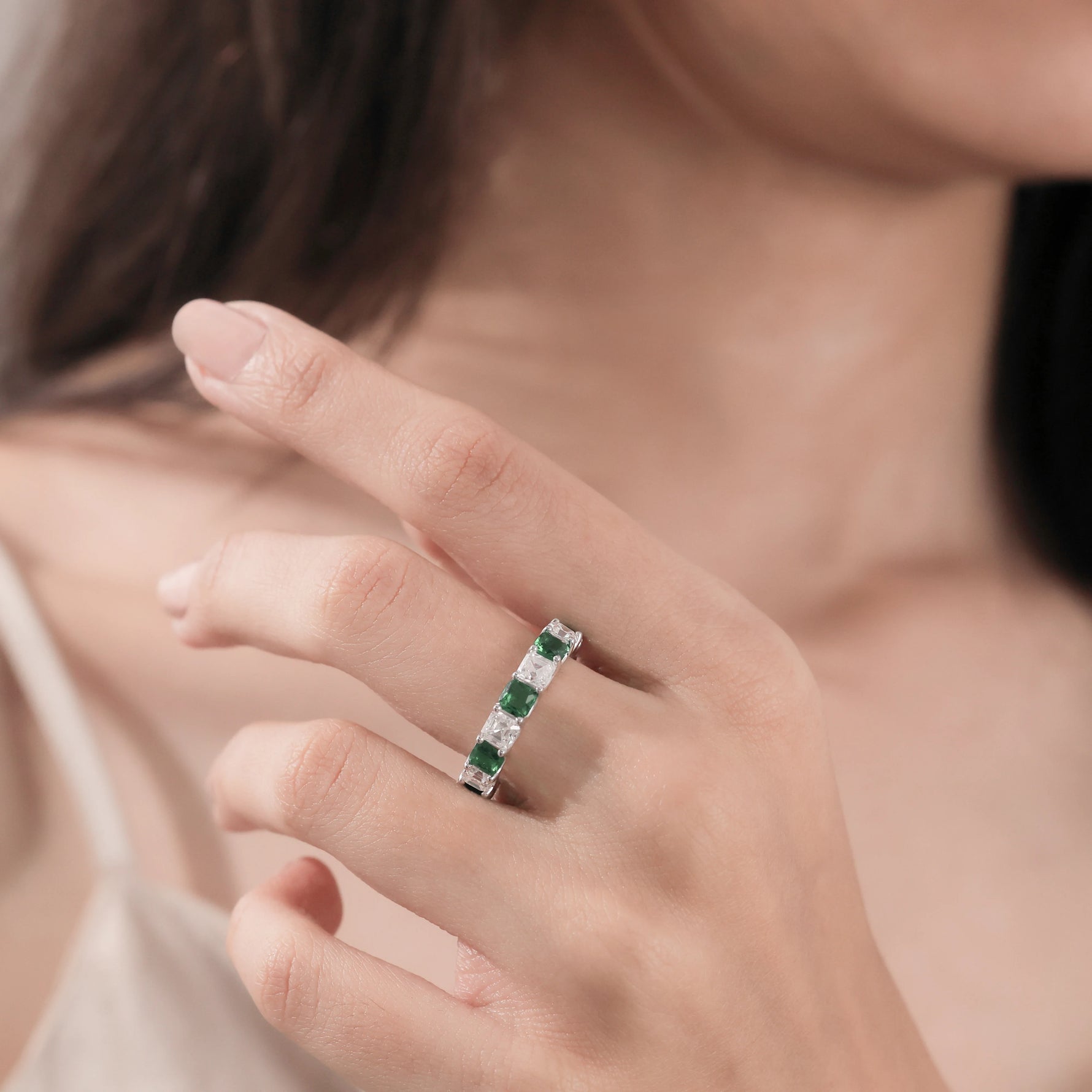 Asscher Cut Diamond Emerald Gemstone Full Eternity Ring