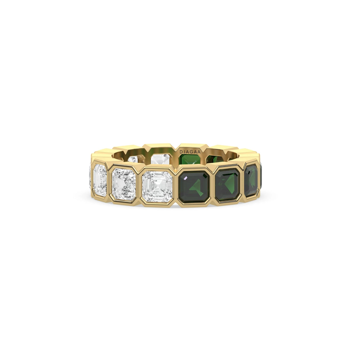 18K Yellow Gold Asscher Diamond Half Emerald Bezel Set Full Eternity Ring