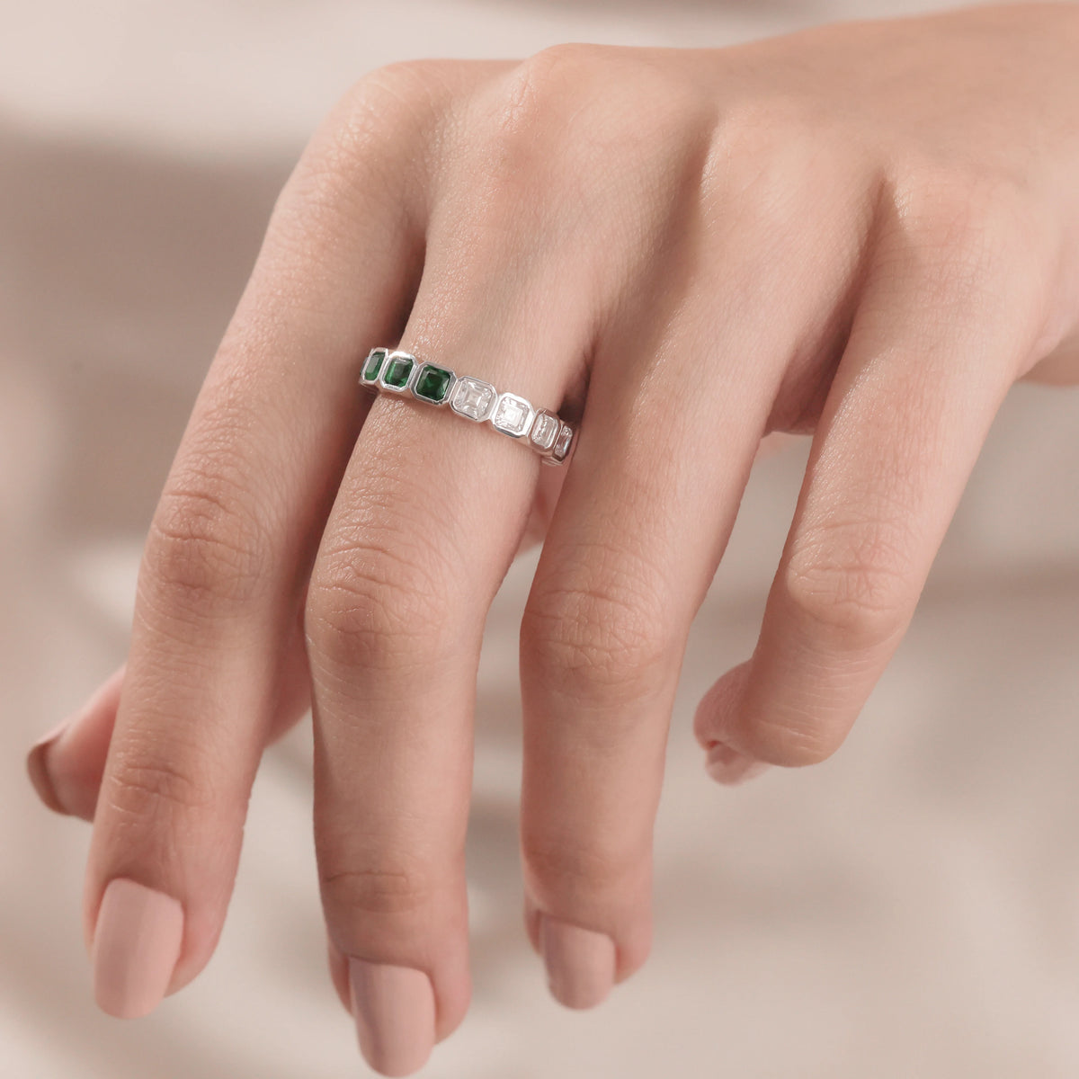 Asscher Diamond Emerald Gemstone Bezel Set Full Eternity Ring