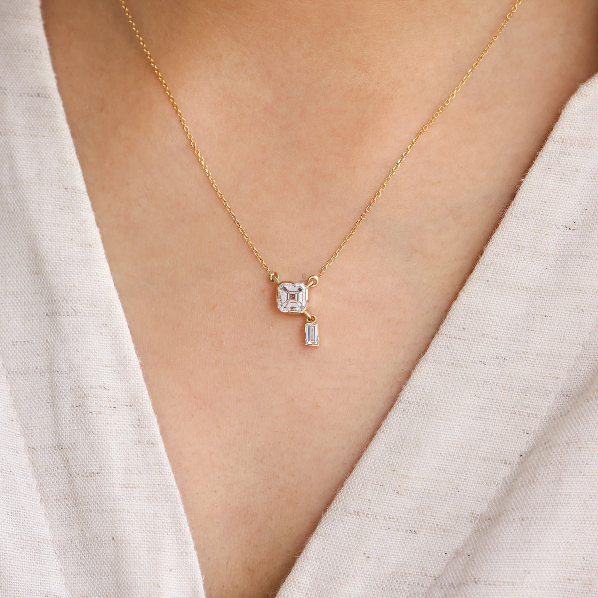1.20 CT Lab Grown Asscher & Baguette Diamond Drop Necklace