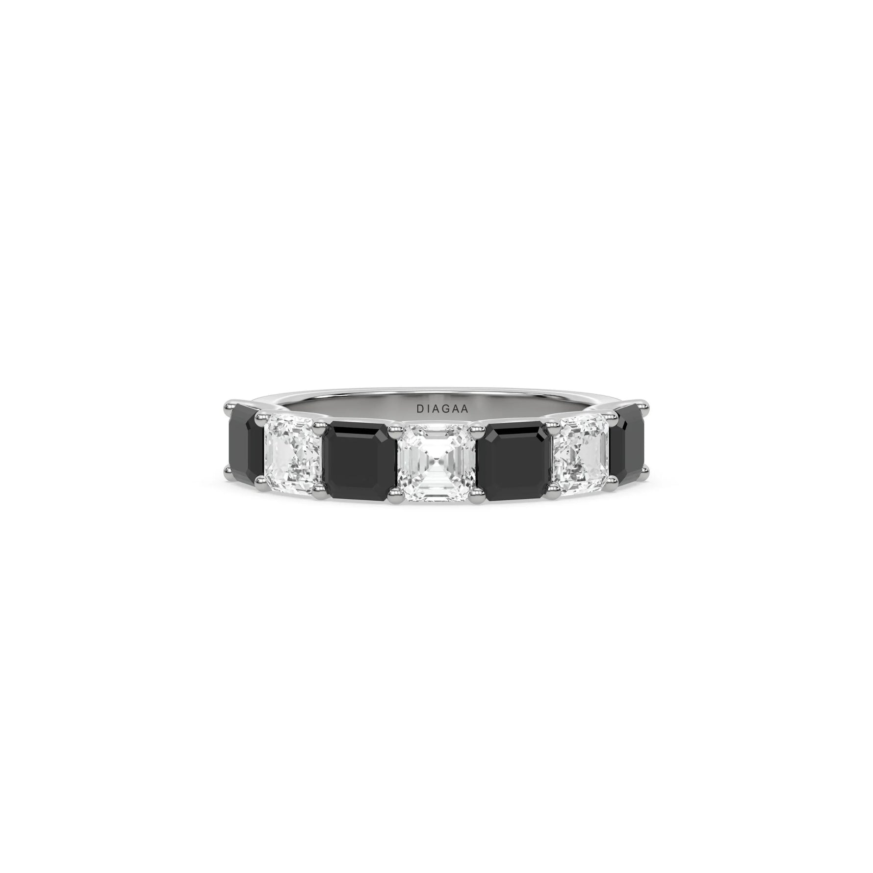 18K White Gold Asscher Black and White Diamond Eternity Ring