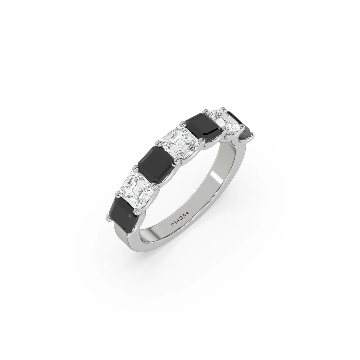 14K White Gold Asscher Black and White Diamond Eternity Ring
