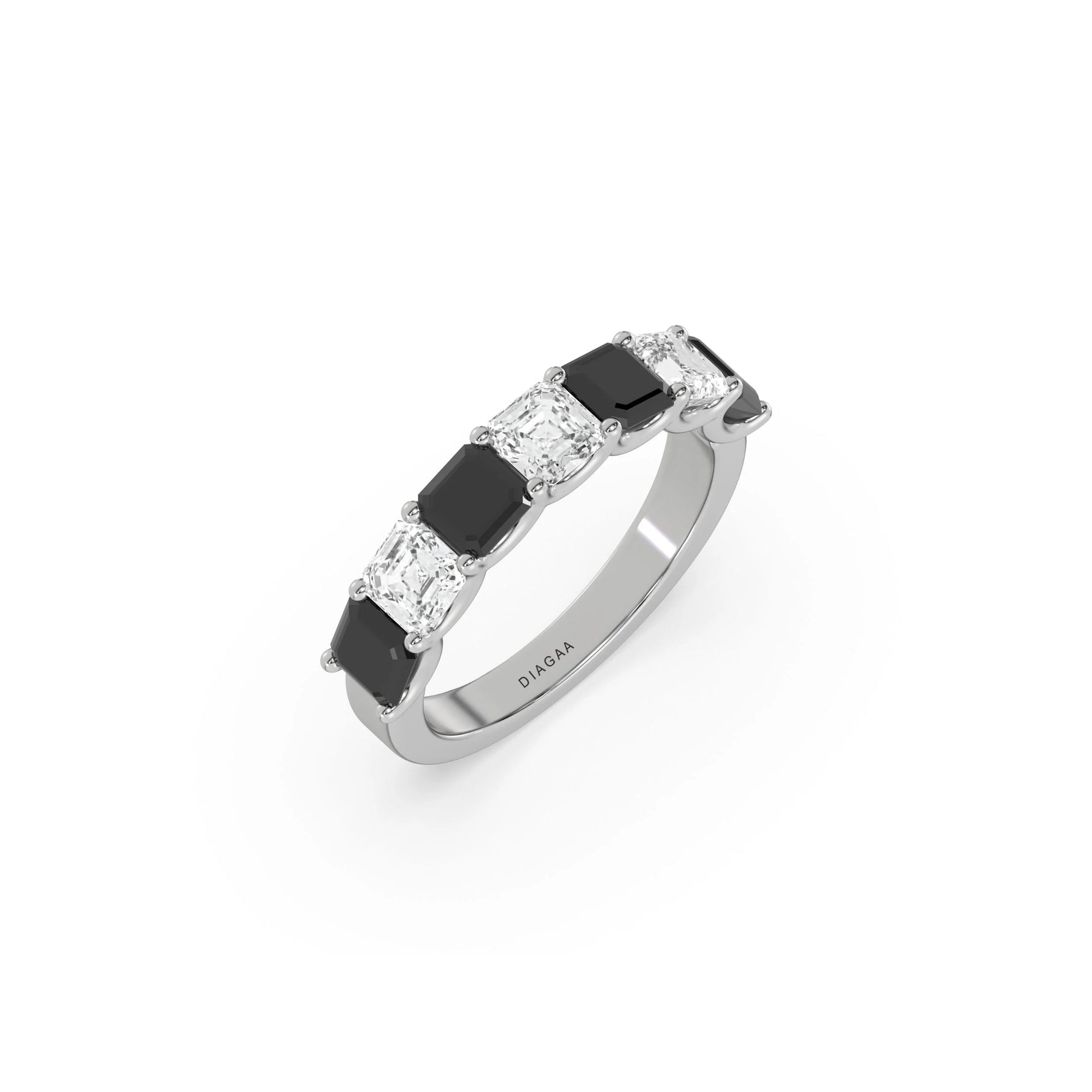14K White Gold Asscher Black and White Diamond Eternity Ring