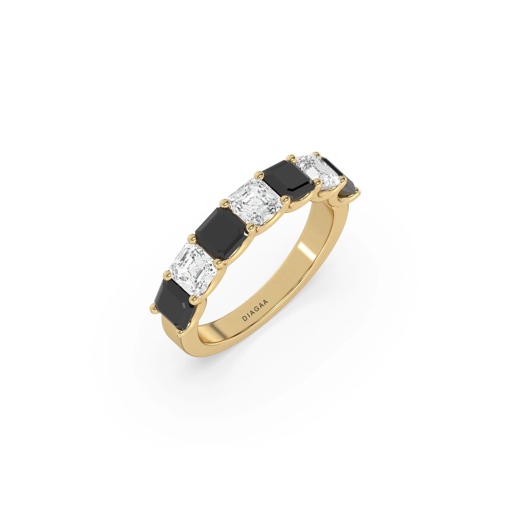 14K Yellow Gold Asscher Black and White Diamond Eternity Ring