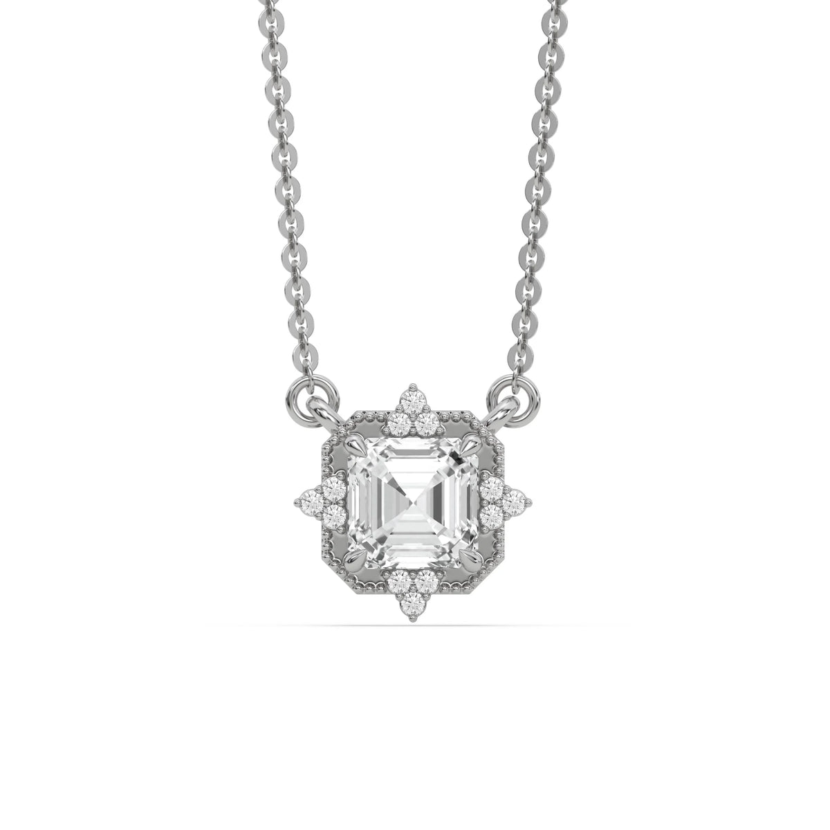18K White Gold Asscher and Round Diamond Spark Necklace