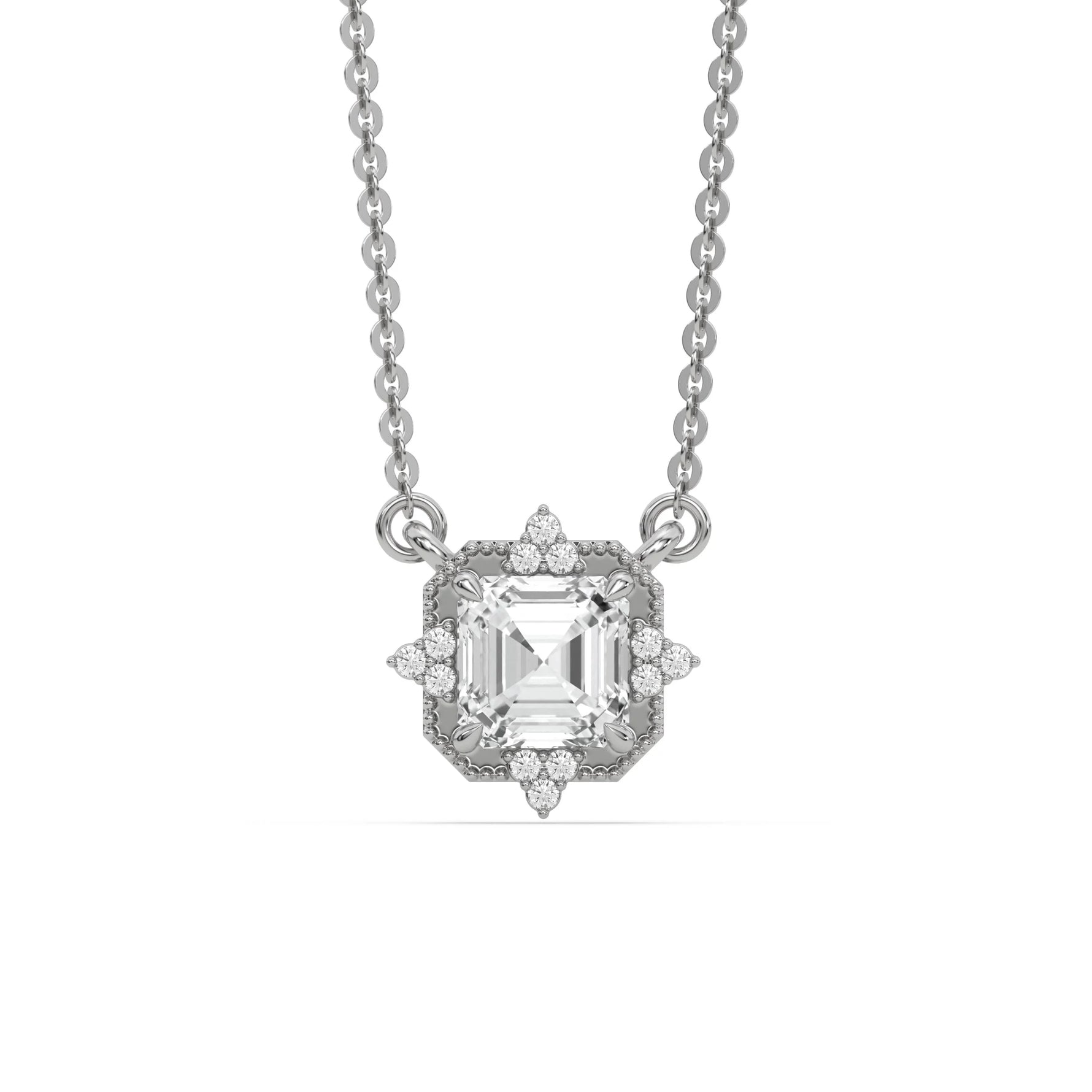 18K White Gold Asscher and Round Diamond Spark Necklace