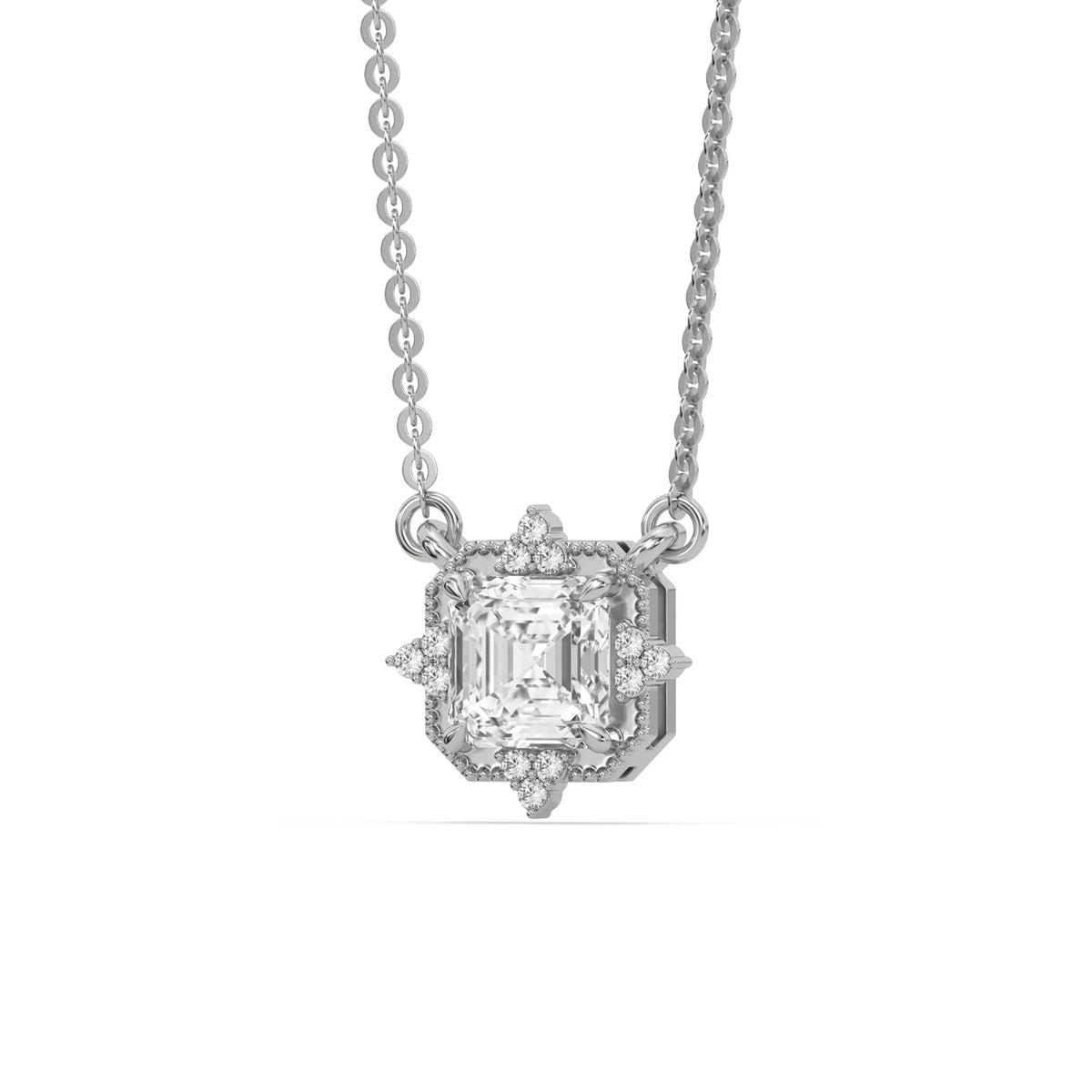 14K White Gold Asscher and Round Diamond Spark Necklace
