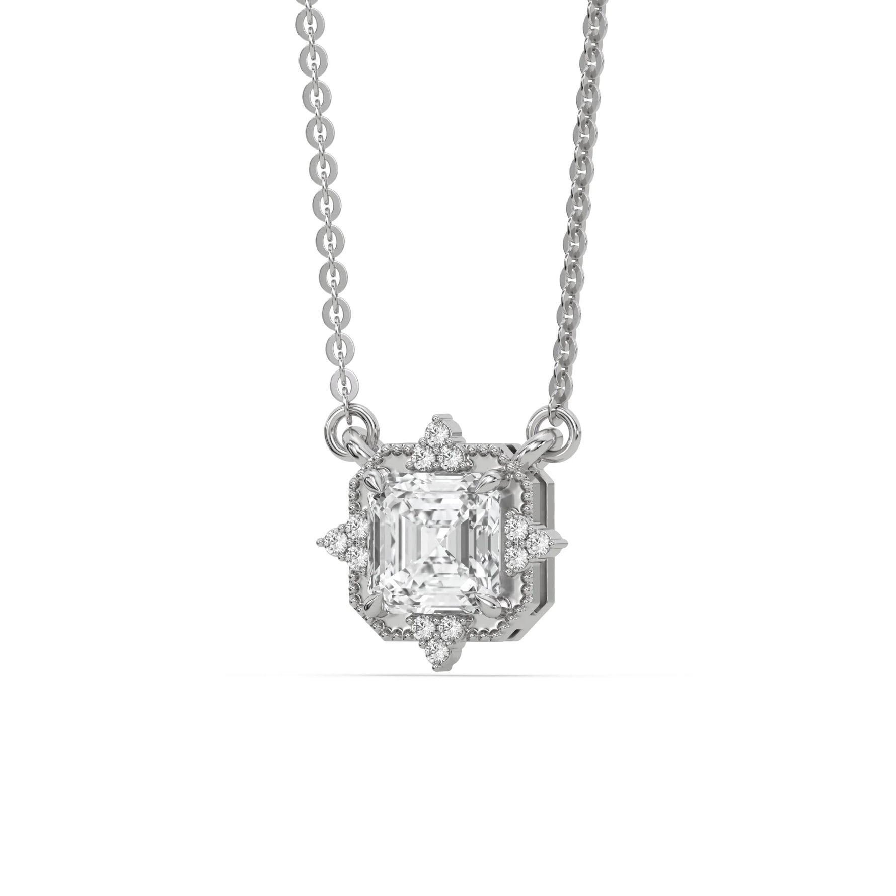 14K White Gold Asscher and Round Diamond Spark Necklace