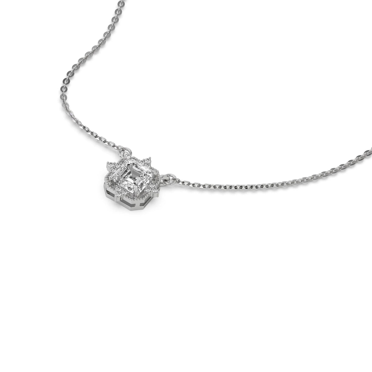 14K White Gold Asscher and Round Diamond Spark Necklace