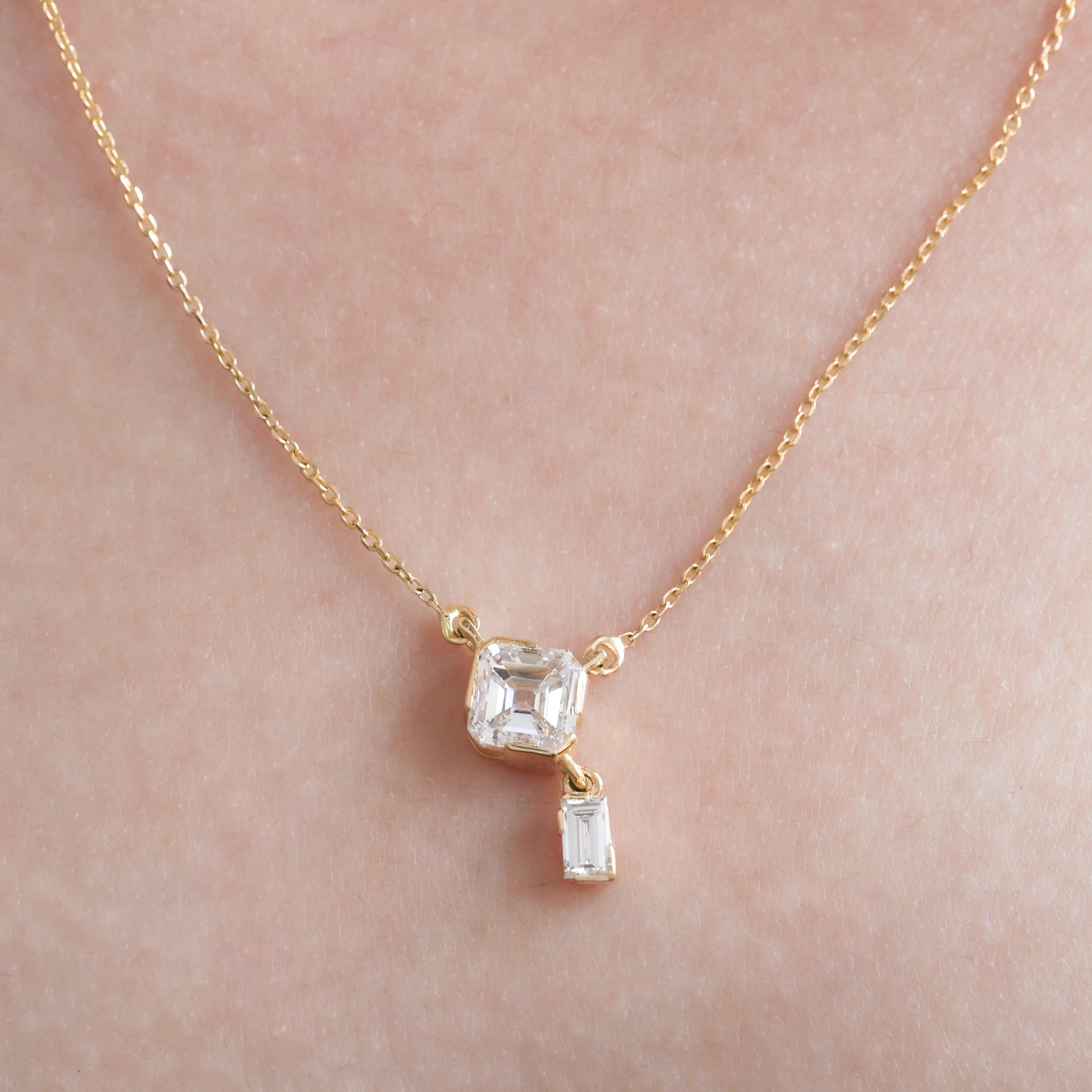 Asscher and Baguette Drop Necklace 
