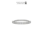 This white gold ring displayed on front view is made with brilliant round diamond and baguette diamond set in prong setting