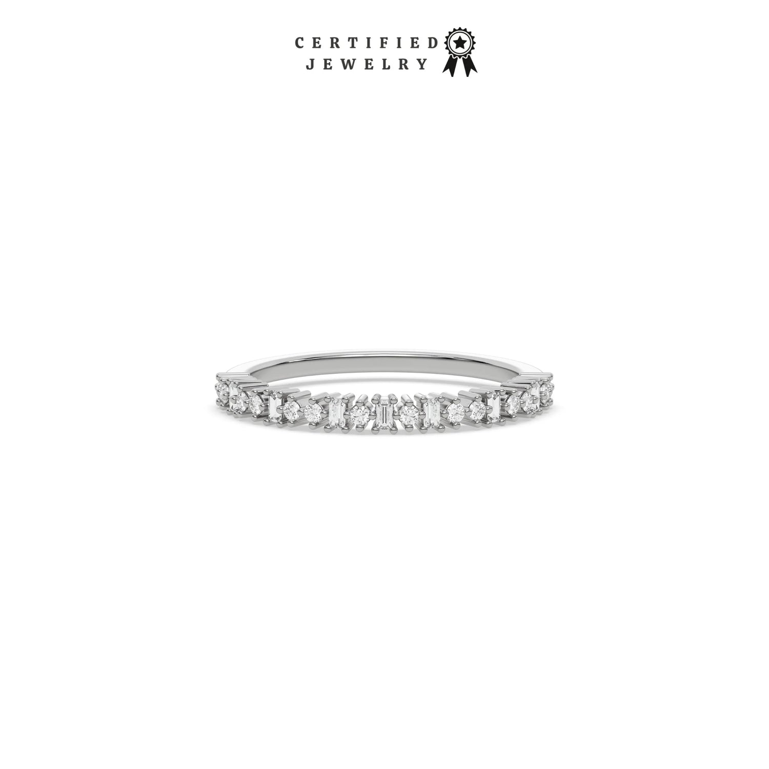 This white gold ring displayed on front view is made with brilliant round diamond and baguette diamond set in prong setting