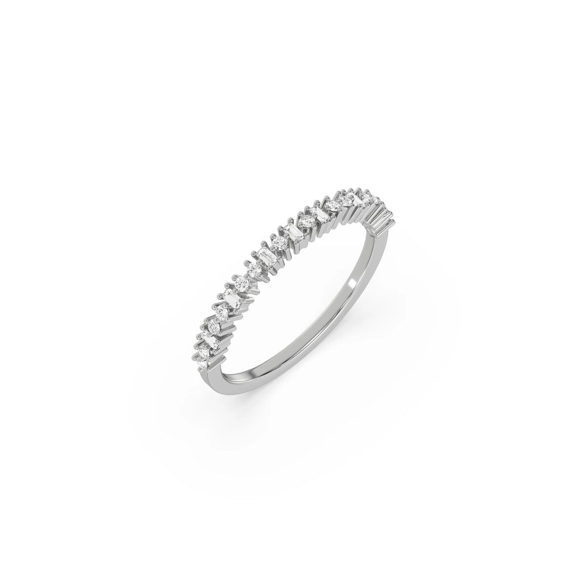 This white  gold ring displayed on 3d view is made with brilliant round diamond and baguette diamond set in prong setting