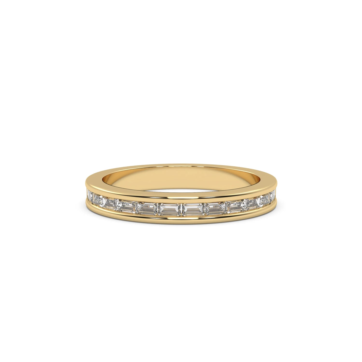 This yellow gold ring is made with baguette diamonds and elegantly set in a channel setting in top view