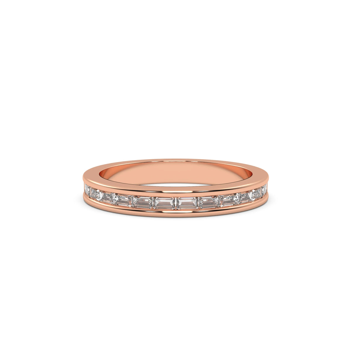 This Rose gold ring is made with baguette diamonds and elegantly set in a channel setting in top view