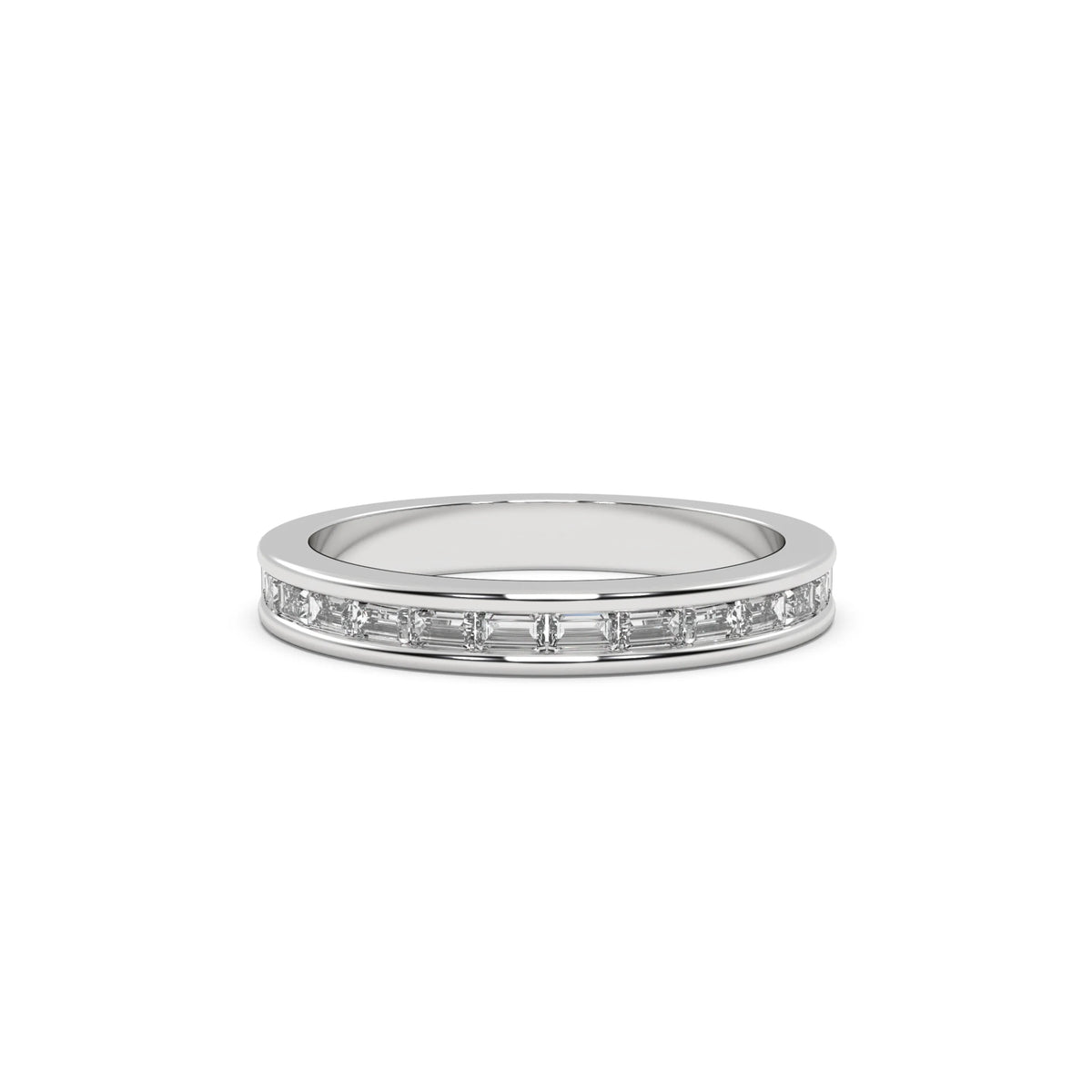 This white gold ring is made with baguette diamonds and elegantly set in a channel setting in top view