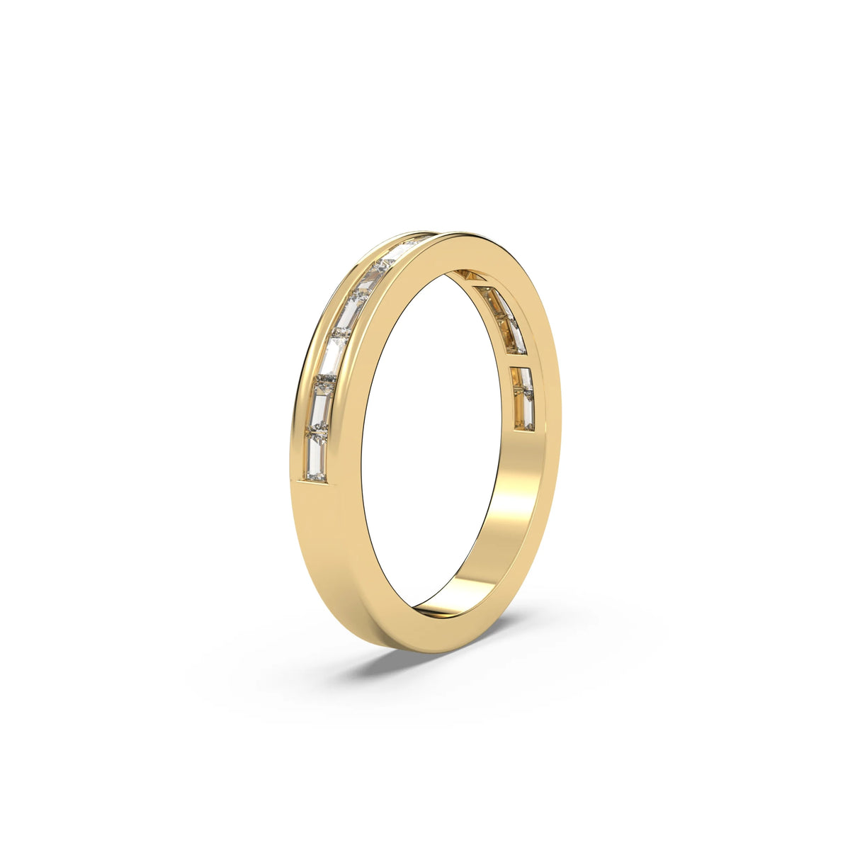 This yellow gold ring is made with baguette diamonds and elegantly set in a channel setting in side view