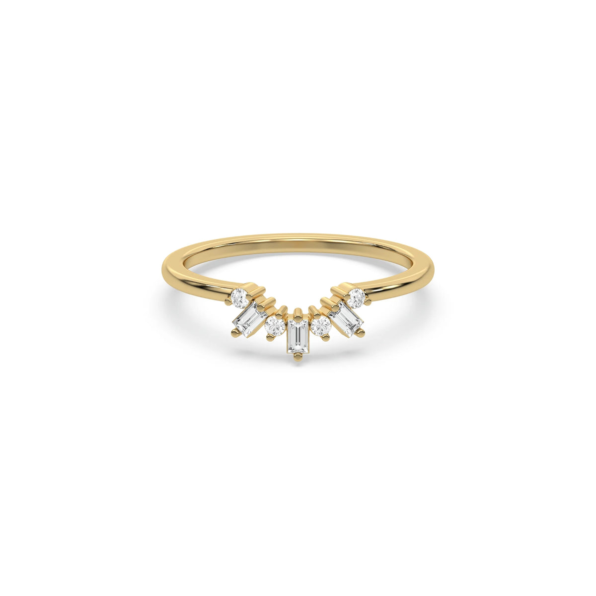 Yellow gold curved tiara wedding band with alternating round and baguette diamonds ring. Delicate arching stacking ring for women.