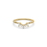 Yellow gold curved tiara wedding band with alternating round and baguette diamonds ring. Delicate arching stacking ring for women.